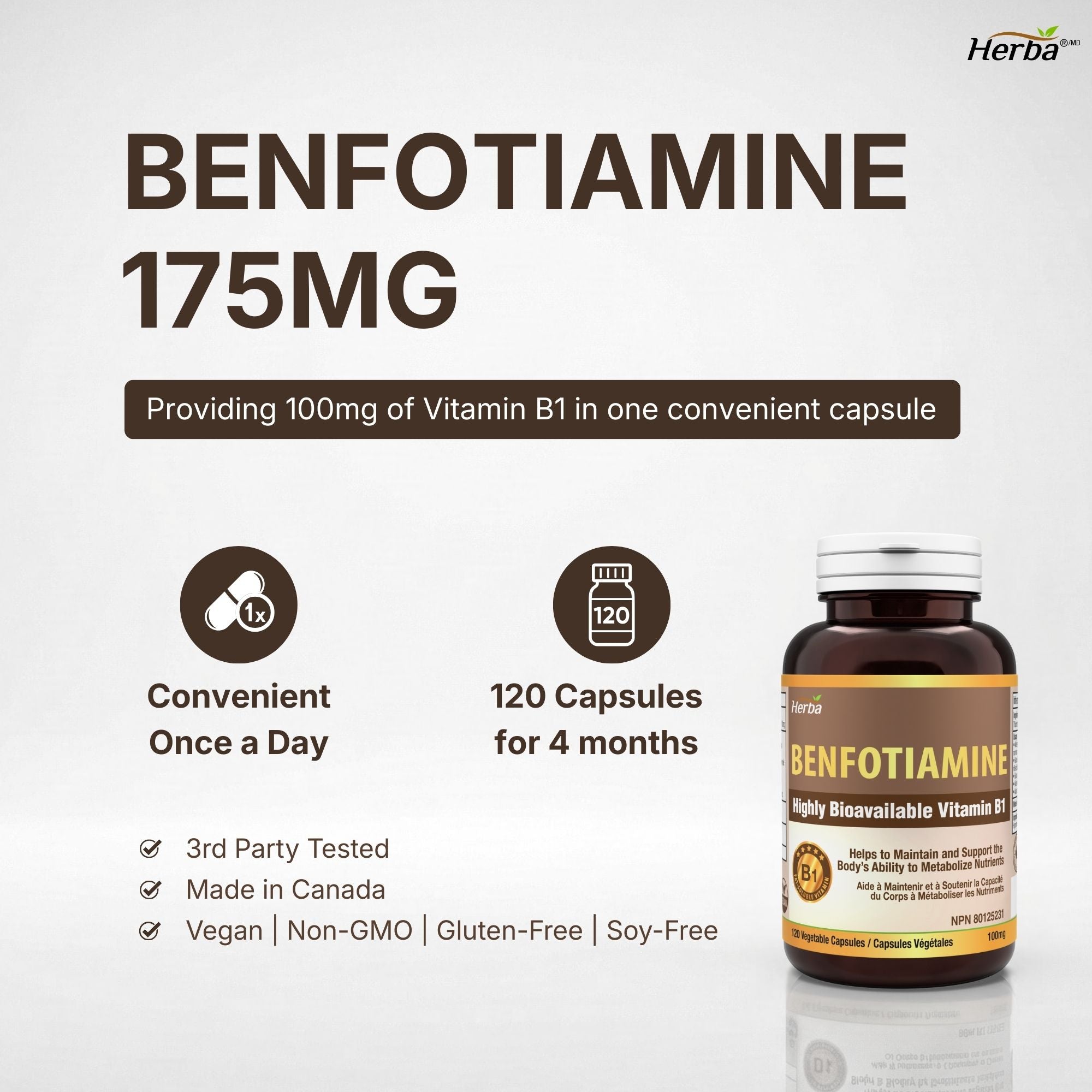 Herba 벤포티아민 100mg - 120 캡슐 | 지용성 비타민 B1 | 캐나다산