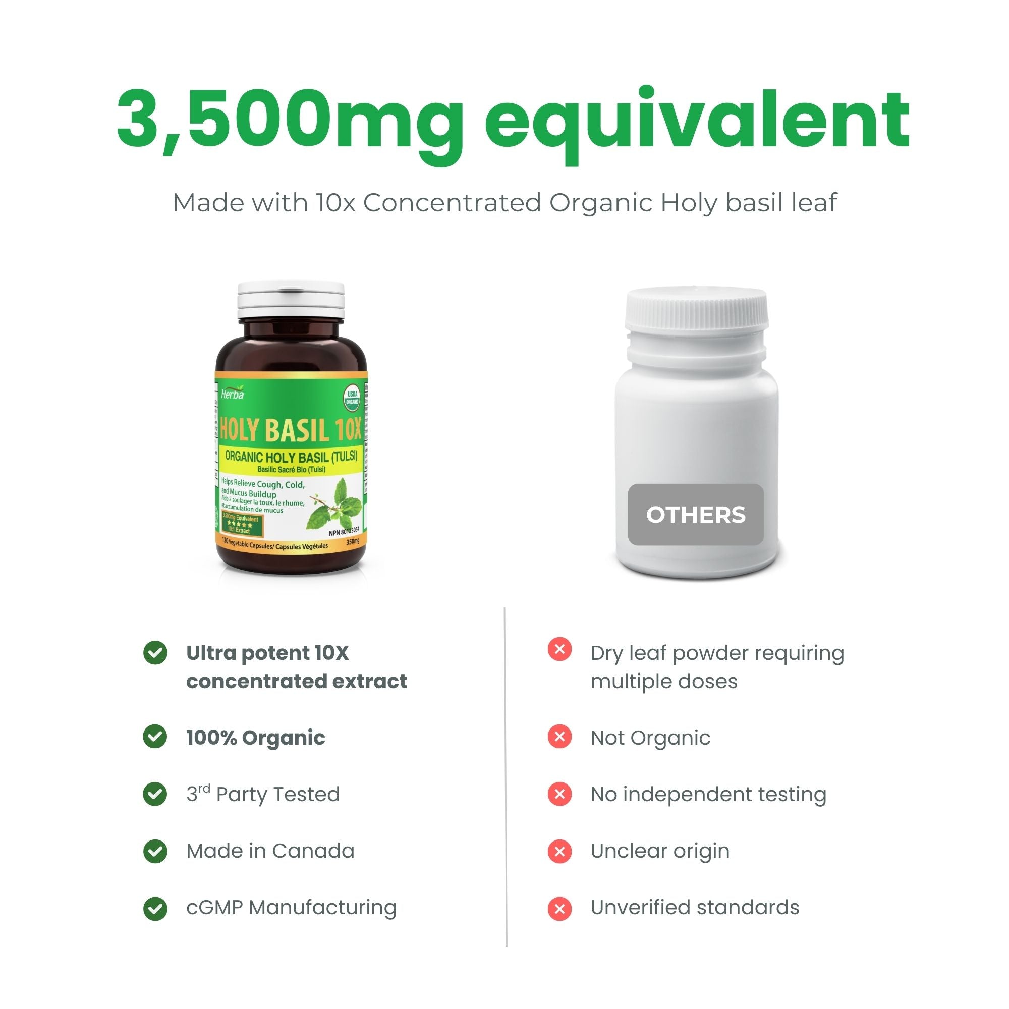 허바 유기농 홀리 바질 캡슐 – 350mg | 120 식물성 캡슐 | 3,500mg 10배 농축 홀리바질잎 추출물