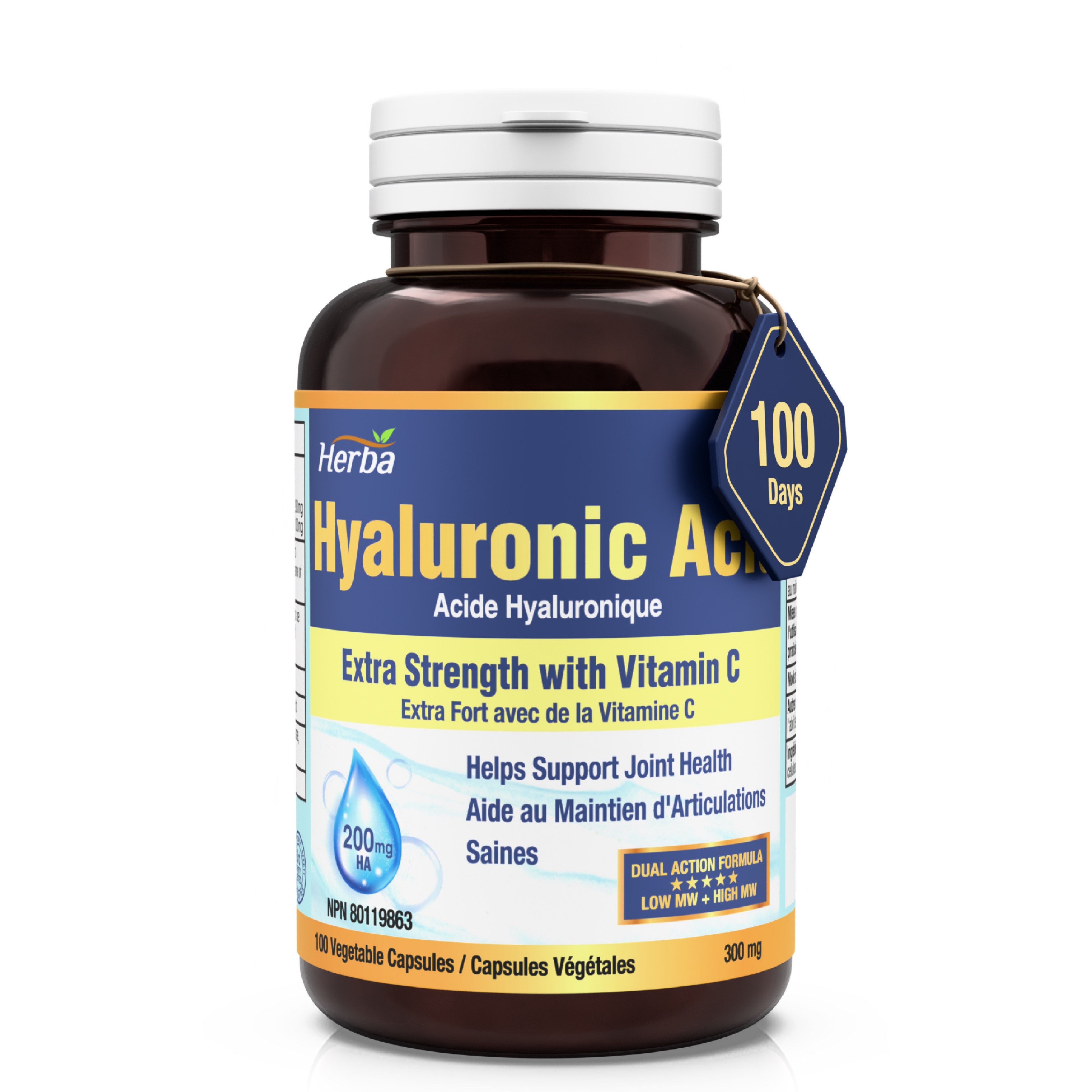 히알루론산 100식물성캡슐 고분자 하이알루론산 200mg 비타민C 100mg 함유 피부 연골 건강