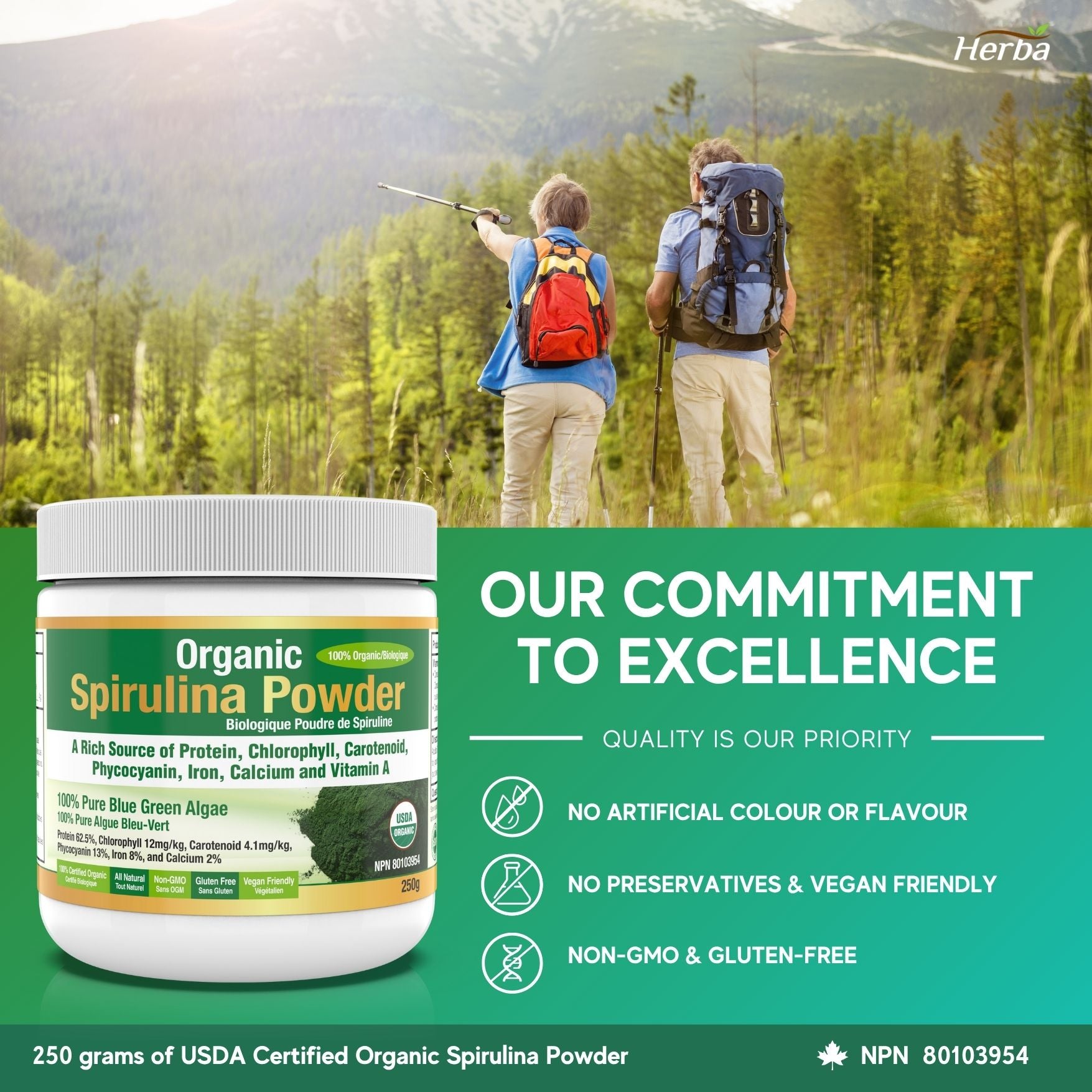 100% 유기농 스피루리나 분말 가루 250g