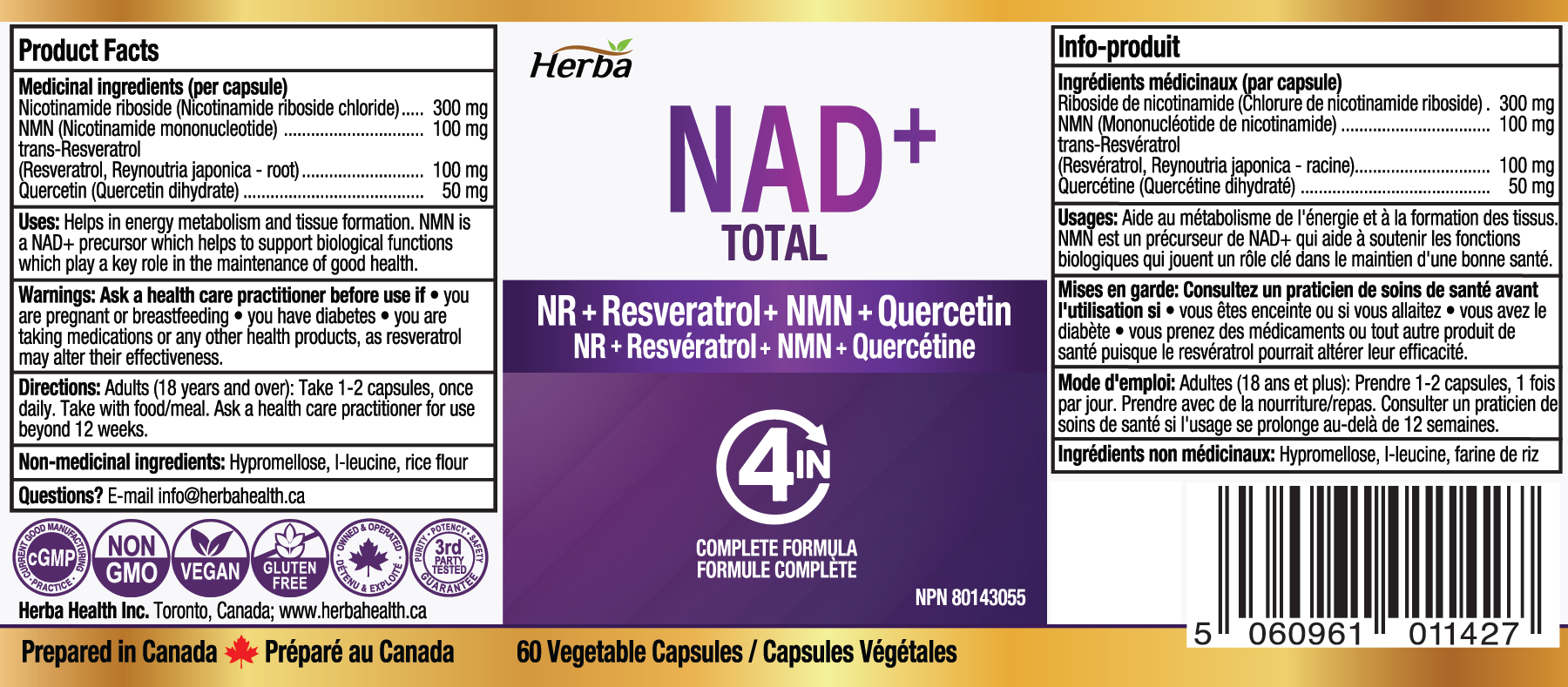 NAD+ 550mg – 60캡슐 | 니코틴아미드 리보사이드(NR) 300mg , NMN 100mg, 레스베라트롤100mg, 퀘르세틴50mg을 함유한 4-in-1 NAD 플러스 토탈 | 캐나다산