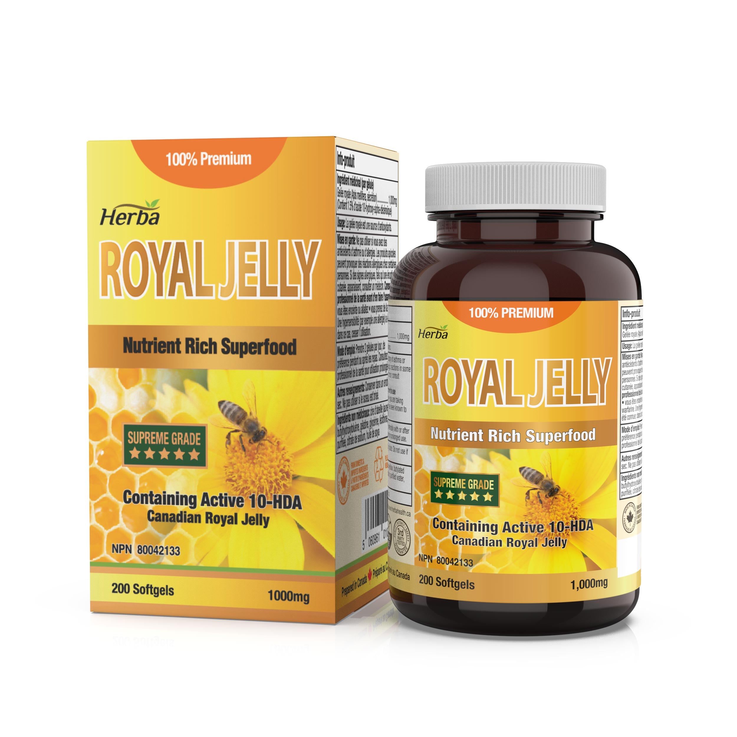 100% 자연산 로얄제리 2000mg 200캡슐 10-HDA(하이드록시데덴산) 함유 로얄젤리