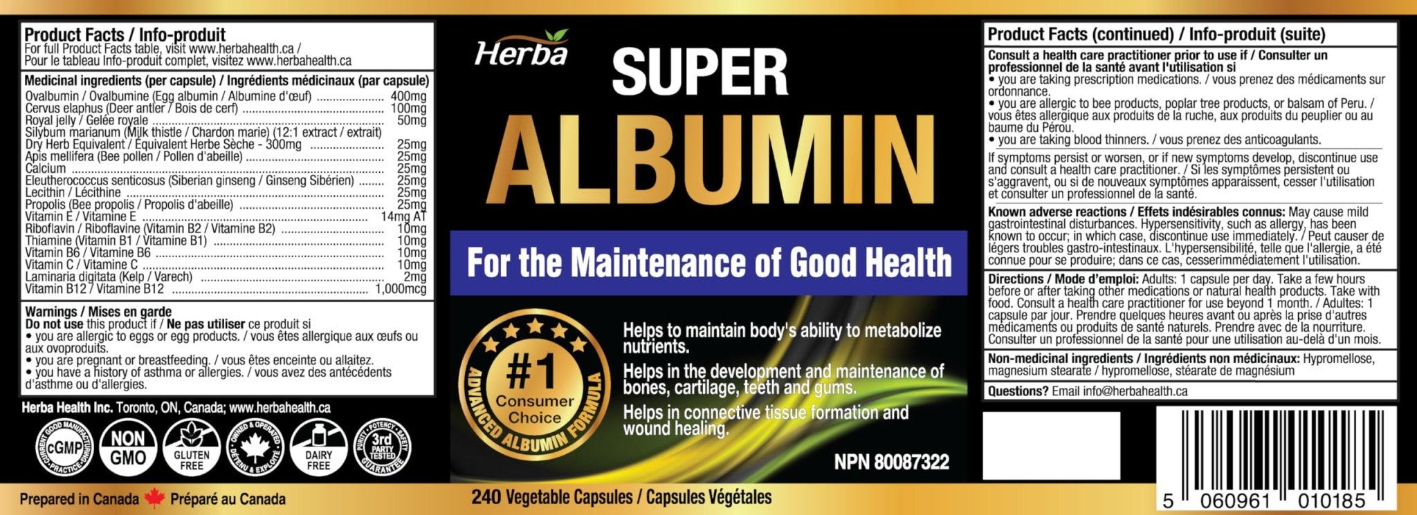 Albumin Protein Supplement – 240 Vegetable Capsules | Albumin Capsules with 16 Ingredients Including Deer Antler & Royal Jelly - Herba