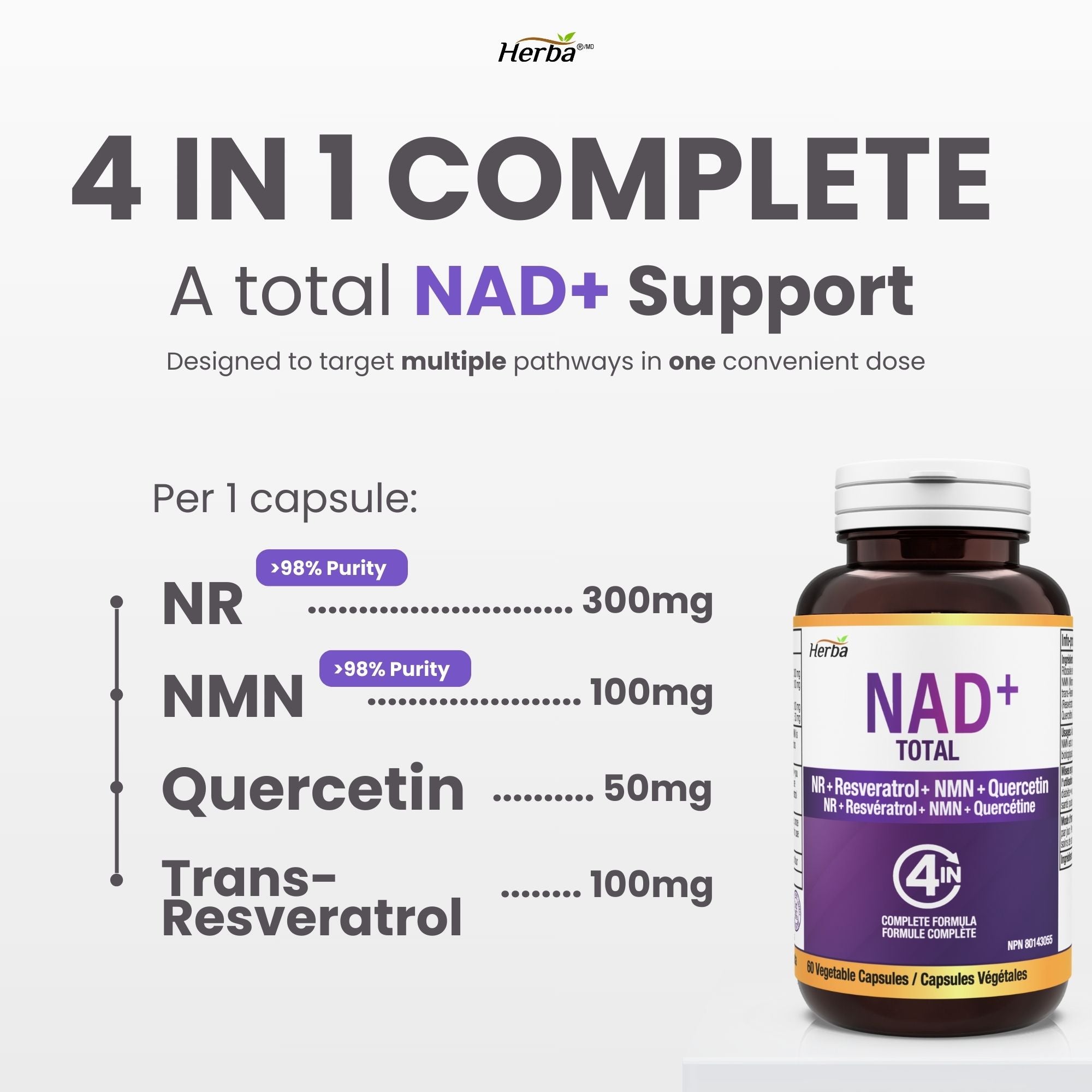 NAD+ 550mg – 60캡슐 | 니코틴아미드 리보사이드(NR) 300mg , NMN 100mg, 레스베라트롤100mg, 퀘르세틴50mg을 함유한 4-in-1 NAD 플러스 토탈 | 캐나다산