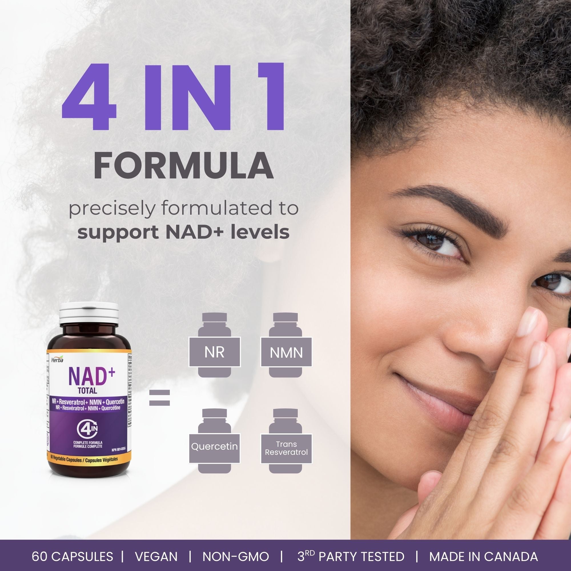 NAD+ 550mg – 60캡슐 | 니코틴아미드 리보사이드(NR) 300mg , NMN 100mg, 레스베라트롤100mg, 퀘르세틴50mg을 함유한 4-in-1 NAD 플러스 토탈 | 캐나다산