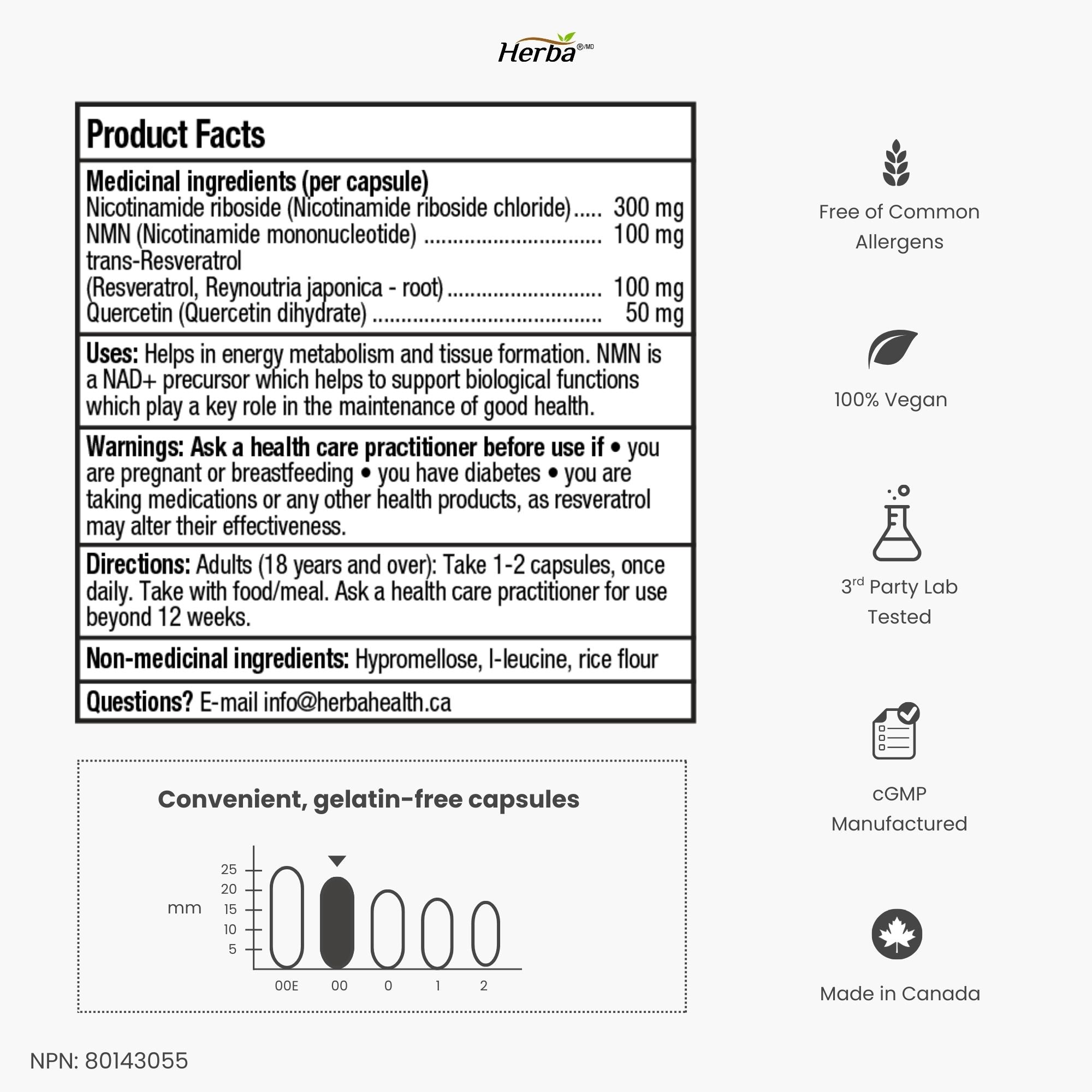 NAD+ 550mg – 60캡슐 | 니코틴아미드 리보사이드(NR) 300mg , NMN 100mg, 레스베라트롤100mg, 퀘르세틴50mg을 함유한 4-in-1 NAD 플러스 토탈 | 캐나다산