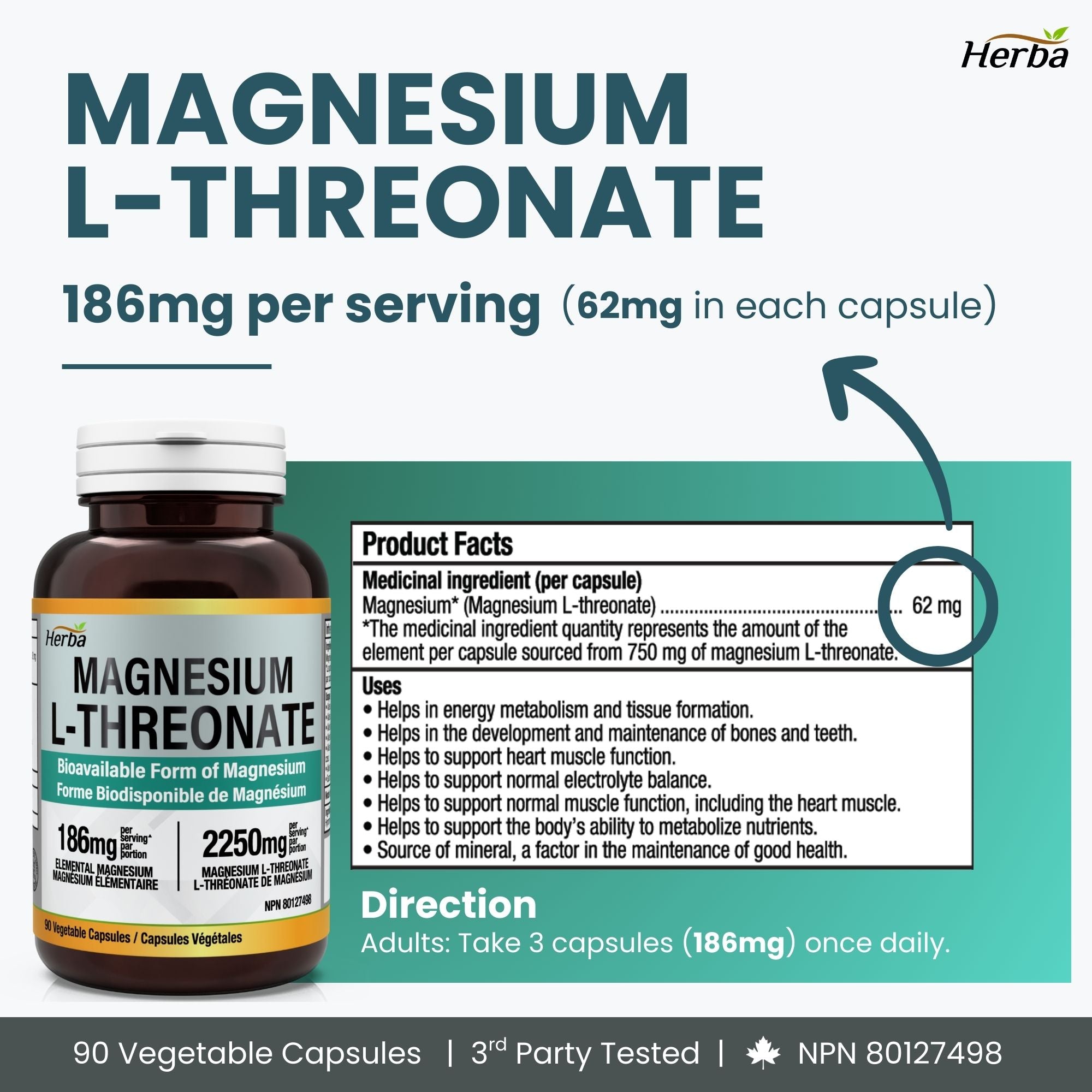 L- 트레온산 마그네슘 – 186mg 90 식물성 캡슐