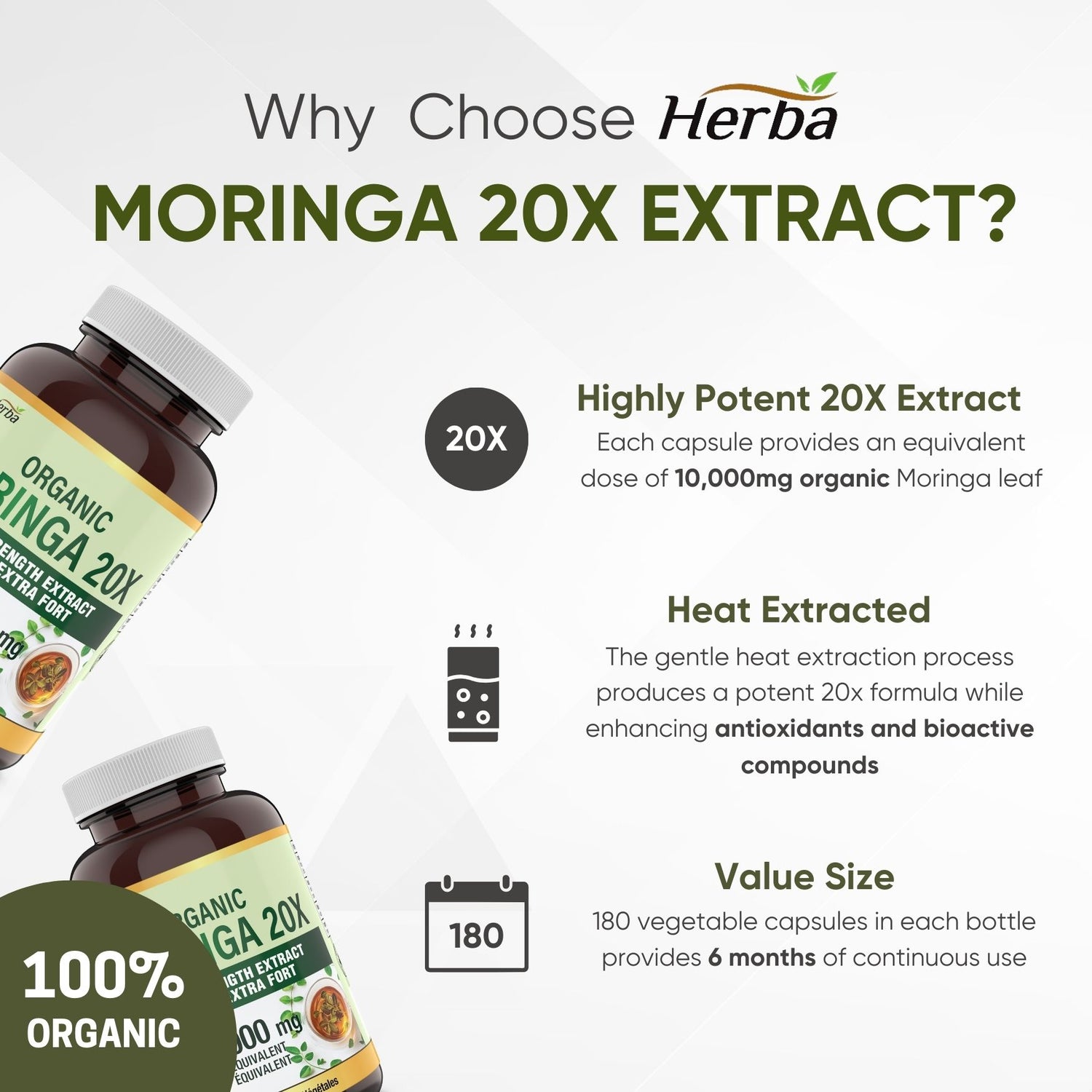 Organic Moringa Extract Capsules 10,000mg - 180 Capsules | 20:1 Extract | Made in Canada