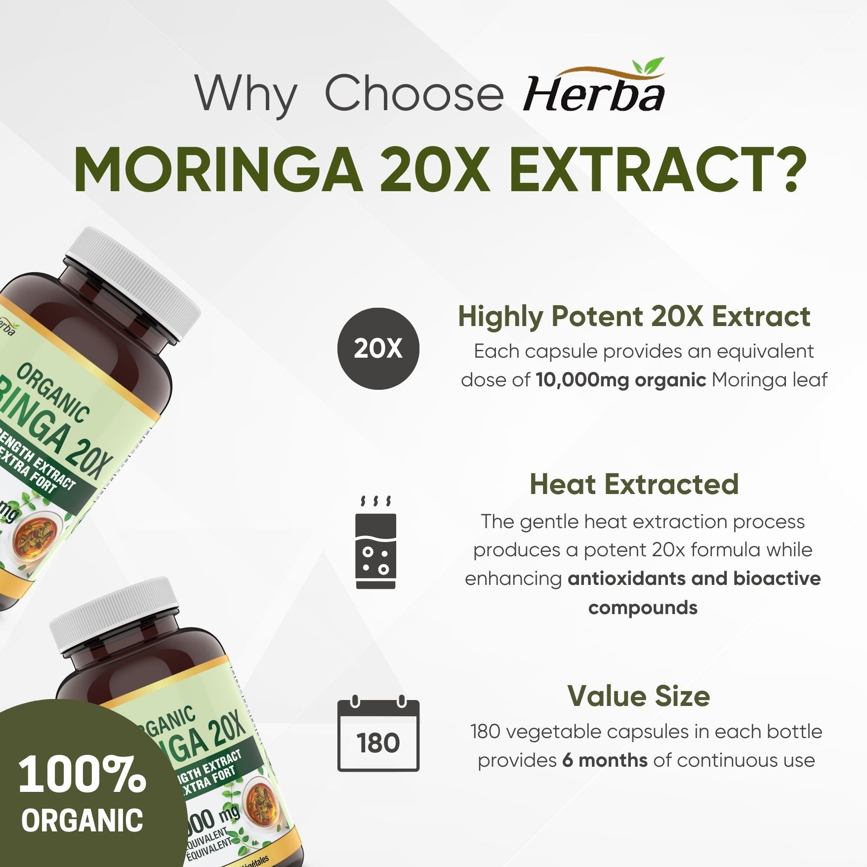 Organic Moringa Extract Capsules 10,000mg - 180 Capsules | 20:1 Extract | Made in Canada