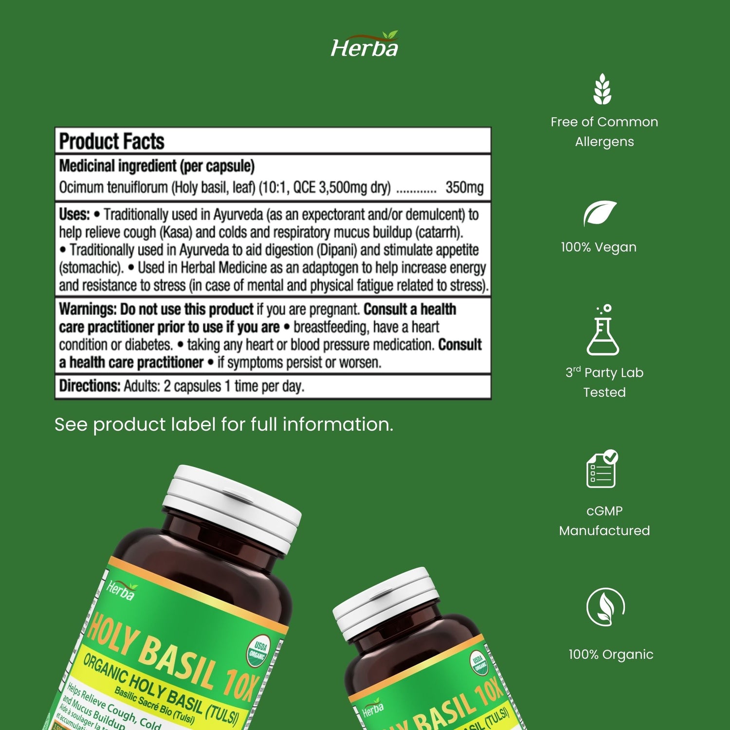 허바 유기농 홀리 바질 캡슐 – 350mg | 120 식물성 캡슐 | 3,500mg 10배 농축 홀리바질잎 추출물