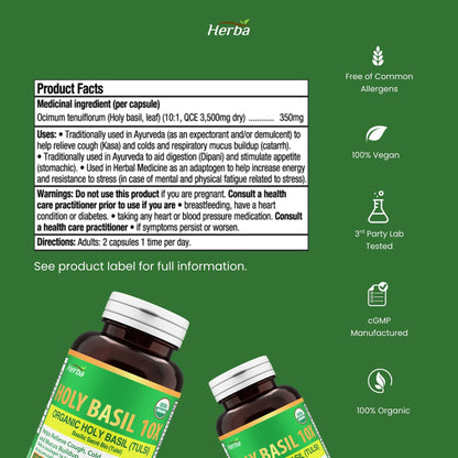 허바 유기농 홀리 바질 캡슐 – 350mg | 120 식물성 캡슐 | 3,500mg 10배 농축 홀리바질잎 추출물