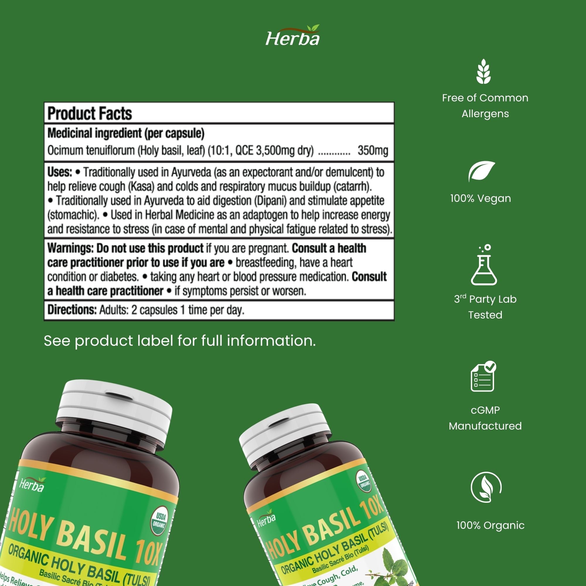 허바 유기농 홀리 바질 캡슐 – 350mg | 120 식물성 캡슐 | 3,500mg 10배 농축 홀리바질잎 추출물