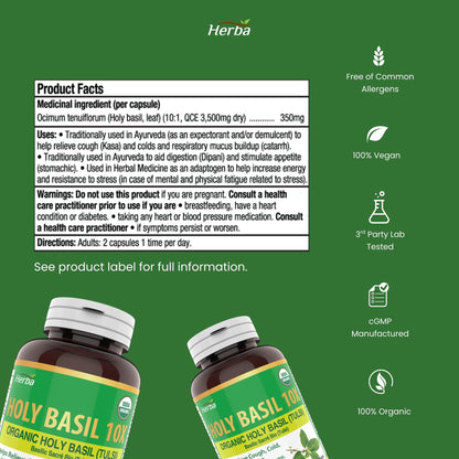 허바 유기농 홀리 바질 캡슐 – 350mg | 120 식물성 캡슐 | 3,500mg 10배 농축 홀리바질잎 추출물