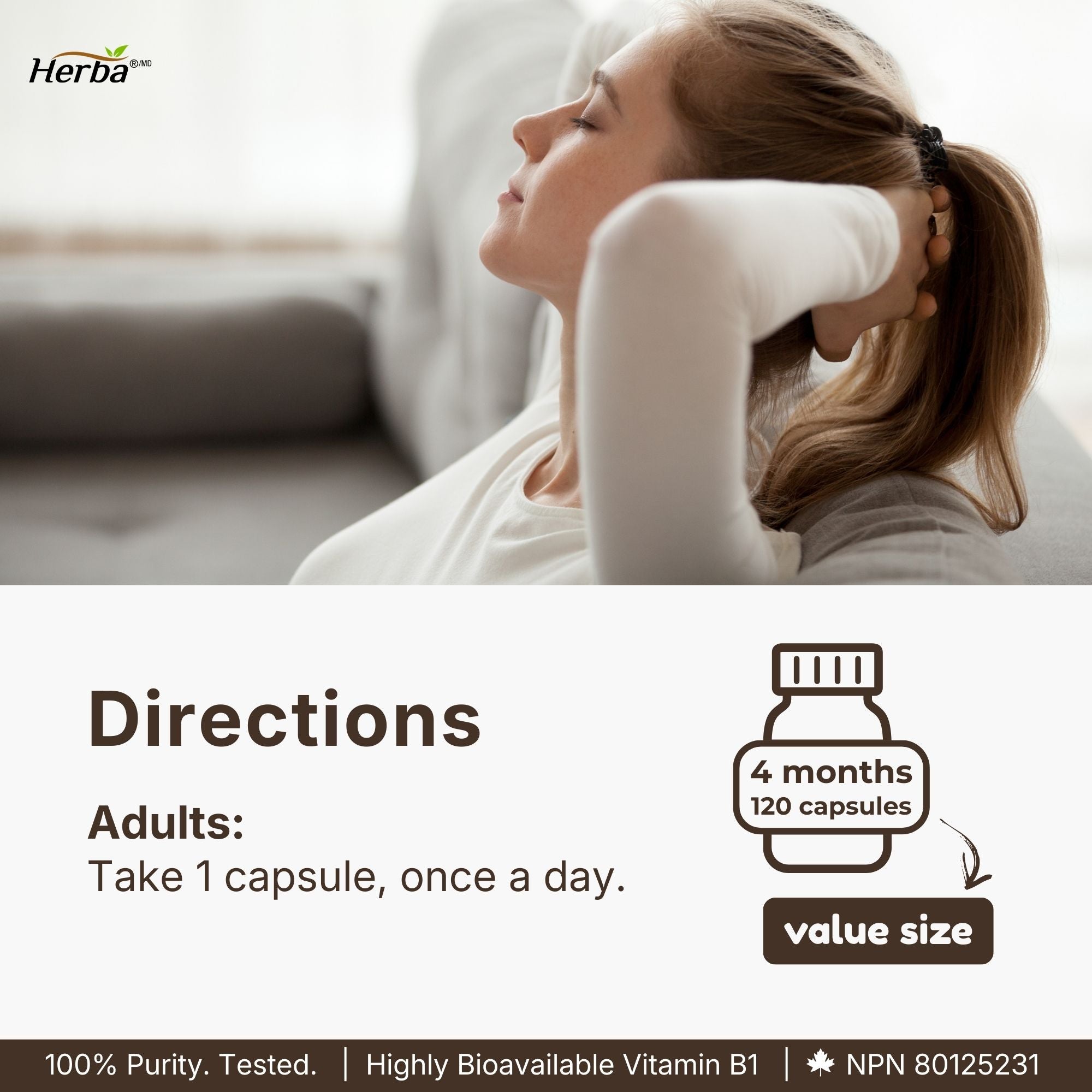 Herba 벤포티아민 100mg - 120 캡슐 | 지용성 비타민 B1 | 캐나다산