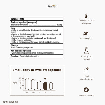 Herba 벤포티아민 100mg - 120 캡슐 | 지용성 비타민 B1 | 캐나다산