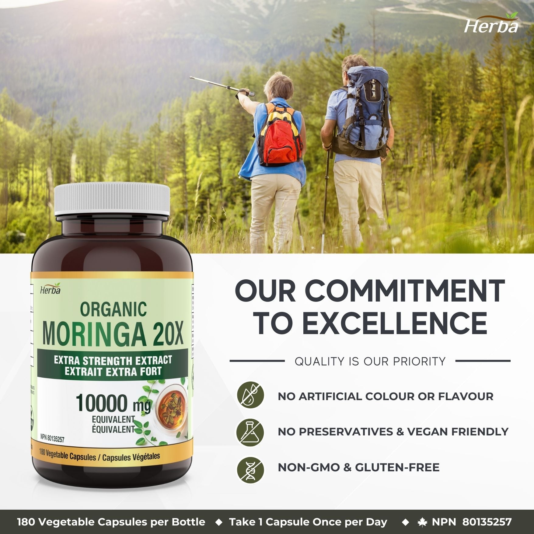Organic Moringa Extract Capsules 10,000mg - 180 Capsules | 20:1 Extract | Made in Canada