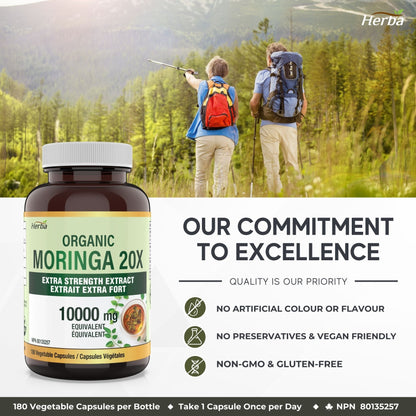 Organic Moringa Extract Capsules 10,000mg - 180 Capsules | 20:1 Extract | Made in Canada