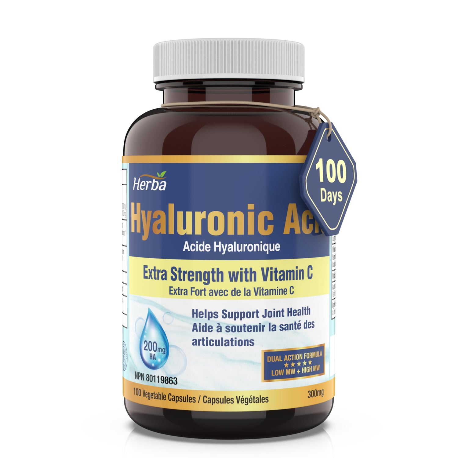 히알루론산 100식물성캡슐 고분자 하이알루론산 200mg 비타민C 100mg 함유 피부 연골 건강