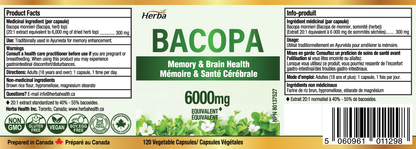 Bacopa Monnieri Supplement – 120 Capsules | 300mg, 20:1 Extract - 6,000mg Equivalent | Made in Canada