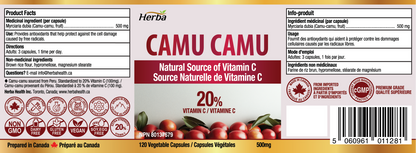 카무카무 캡슐 500mg - 120캡슐 | 천연 비타민 C 20% 함유 | 캐나다산