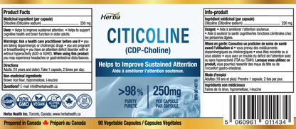 Citicoline Supplement 250mg – 90 Capsules | &gt;98% Ultra Pure CDP Choline | Made in Canada