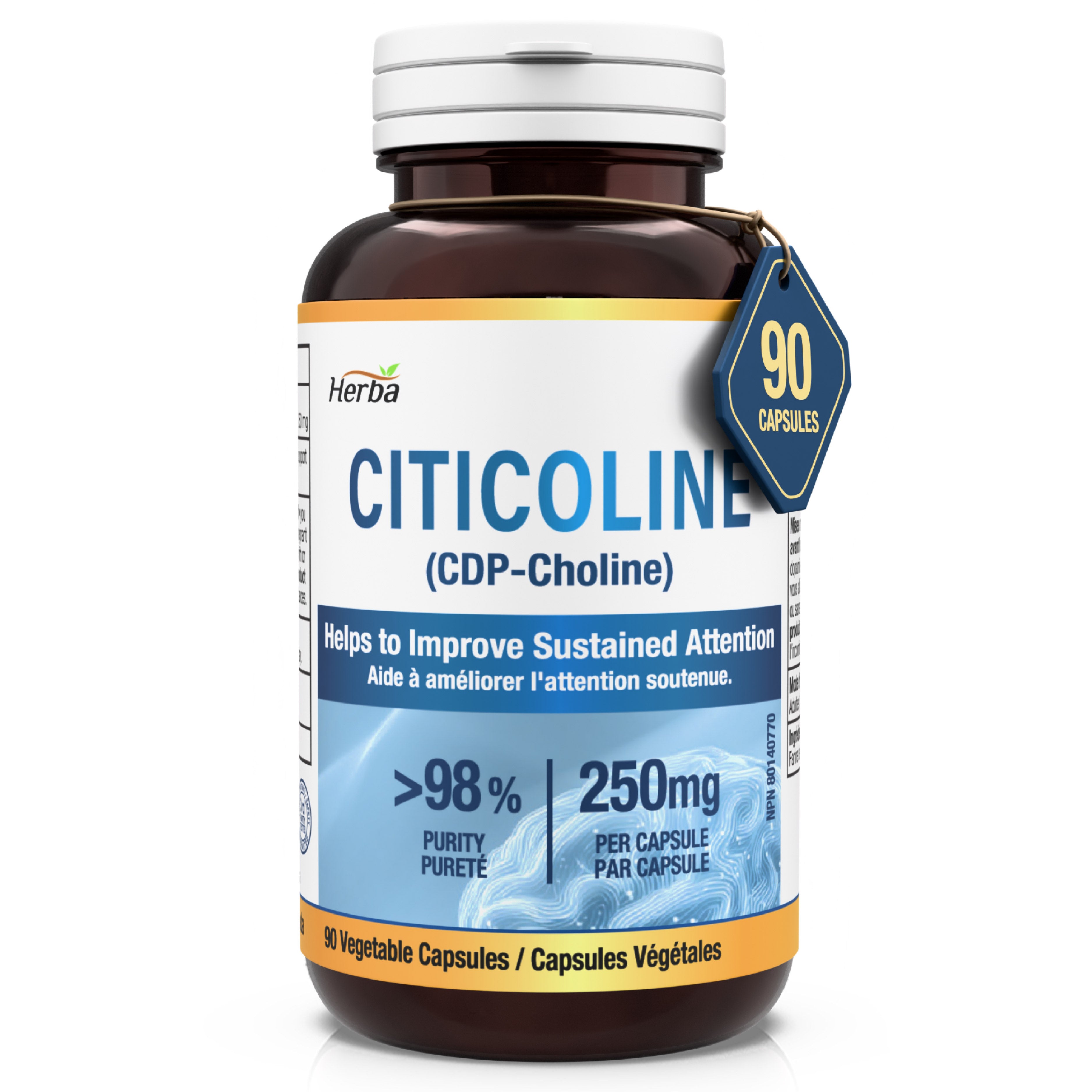 Citicoline Supplement 250mg – 90 Capsules | >98% Ultra Pure CDP Choline | Made in Canada