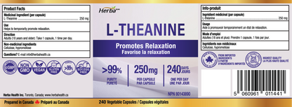 L-테아닌 보조제 250mg – 240캡슐 | 졸음 없이 휴식 촉진 | 8개월분 | 캐나다산