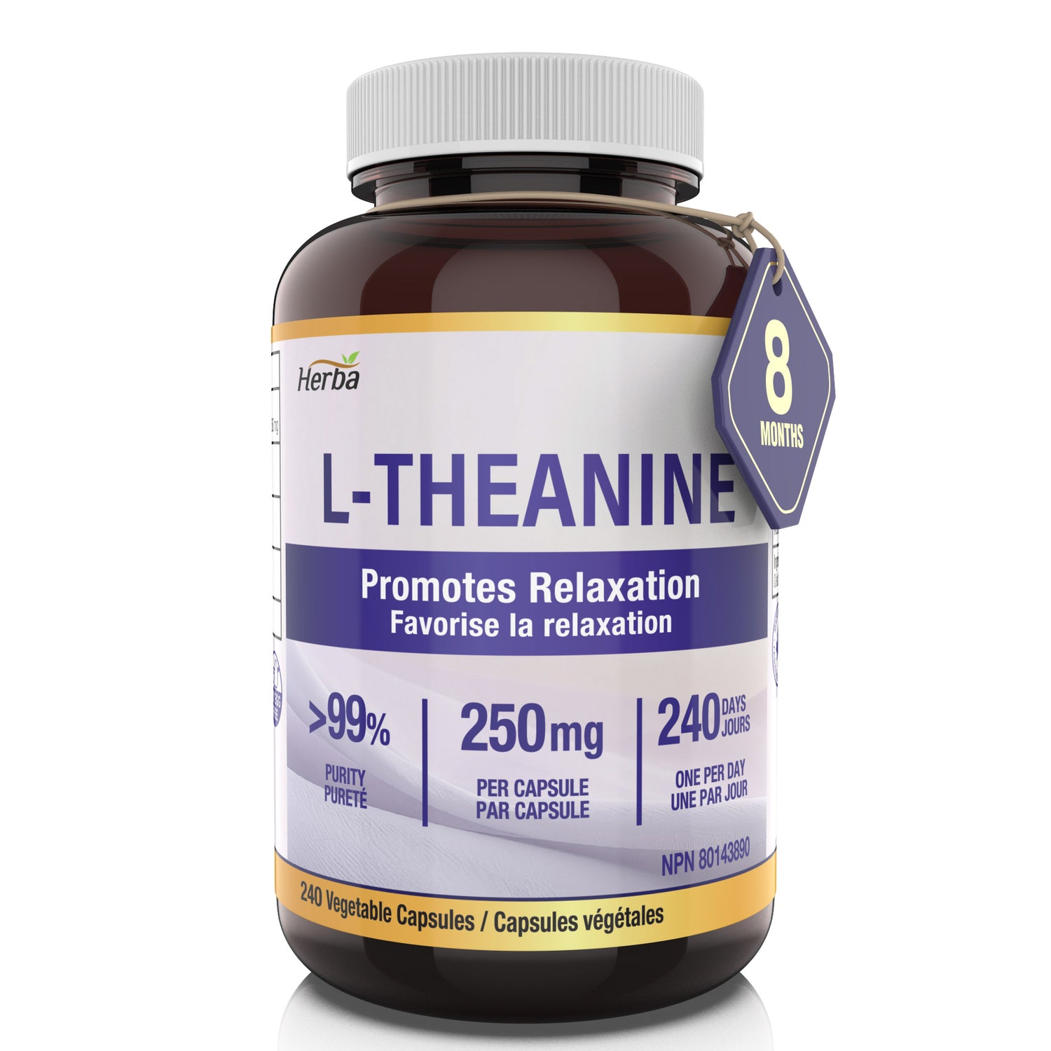 L-테아닌 보조제 250mg – 240캡슐 | 졸음 없이 휴식 촉진 | 8개월분 | 캐나다산