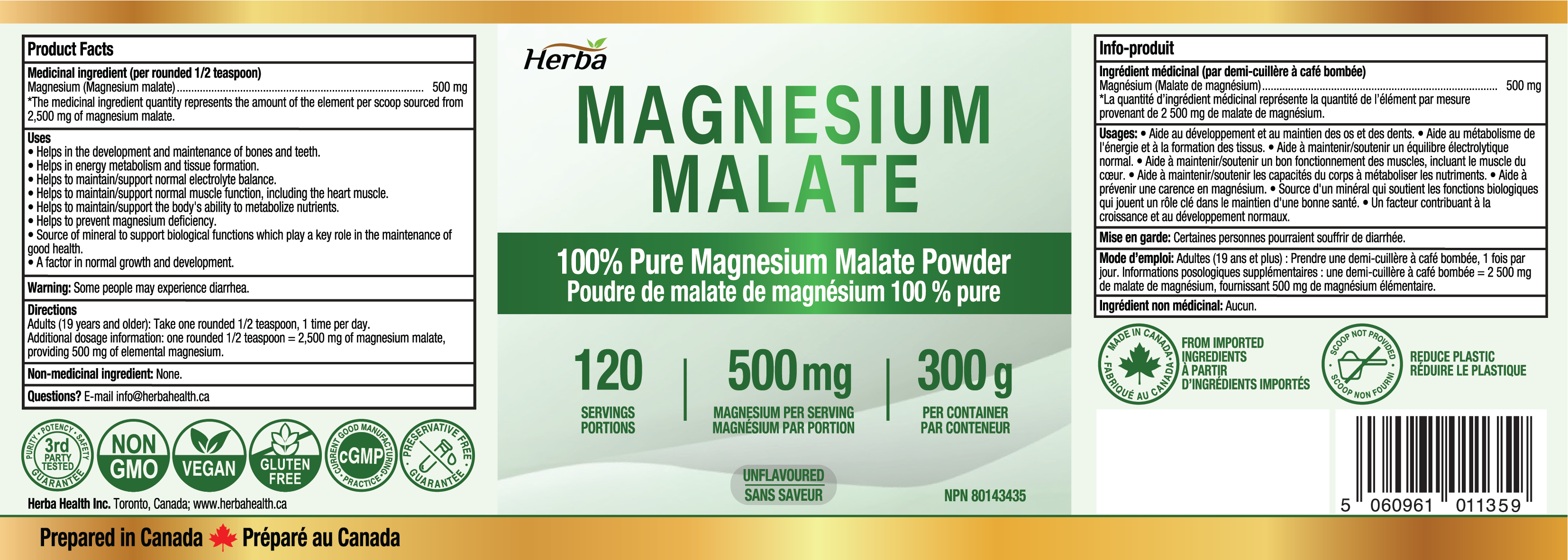Magnesium Malate Powder 300g – 120 Servings | 4 Month Supply | 100% Pure Unflavoured Magnesium Malate | Made in Canada