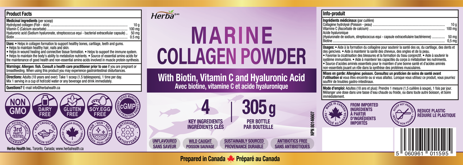 Marine Collagen Powder with Hyaluronic Acid, Vitamin C, and Biotin – 305g | Made in Canada