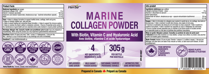 Marine Collagen Powder with Hyaluronic Acid, Vitamin C, and Biotin – 305g | Made in Canada