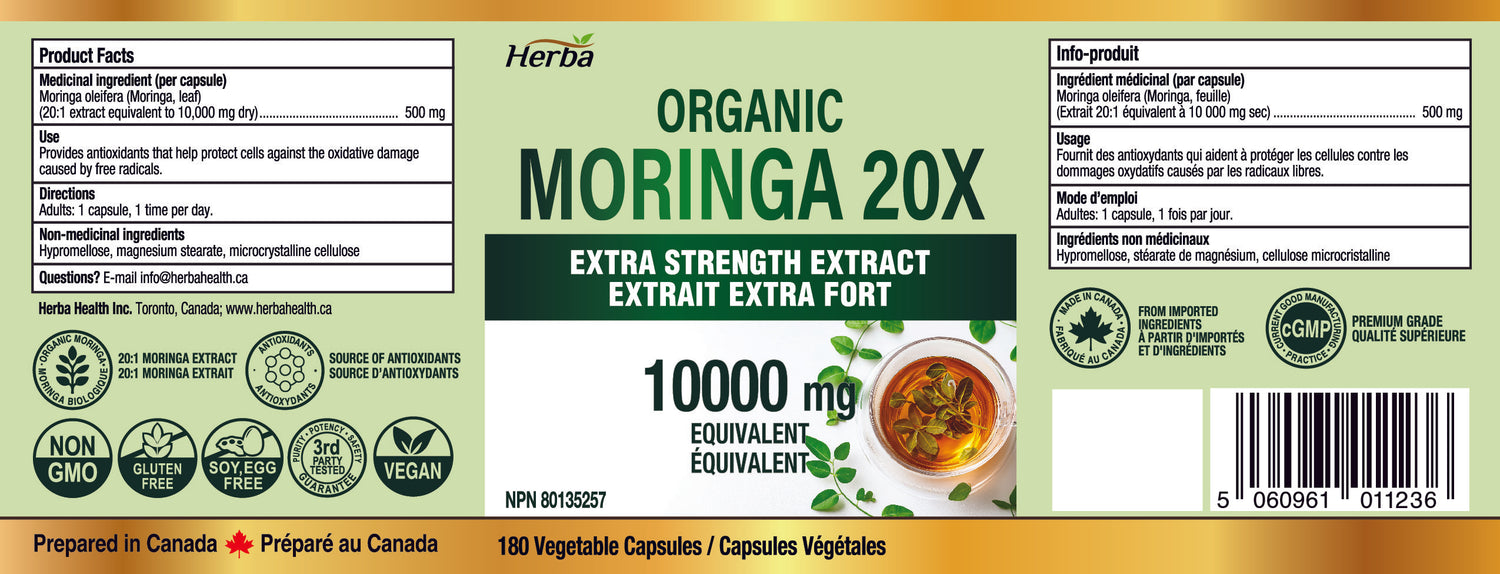Organic Moringa Extract Capsules 10,000mg - 180 Capsules | 20:1 Extract | Made in Canada