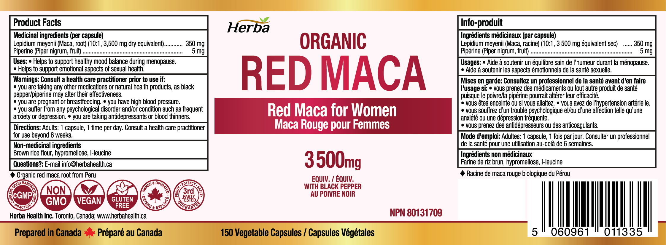 Organic Red Maca Capsules - 3500mg, 180 Capsules | Peruvian Red Maca | Made in Canada