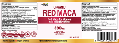 Organic Red Maca Capsules - 3500mg, 180 Capsules | Peruvian Red Maca | Made in Canada
