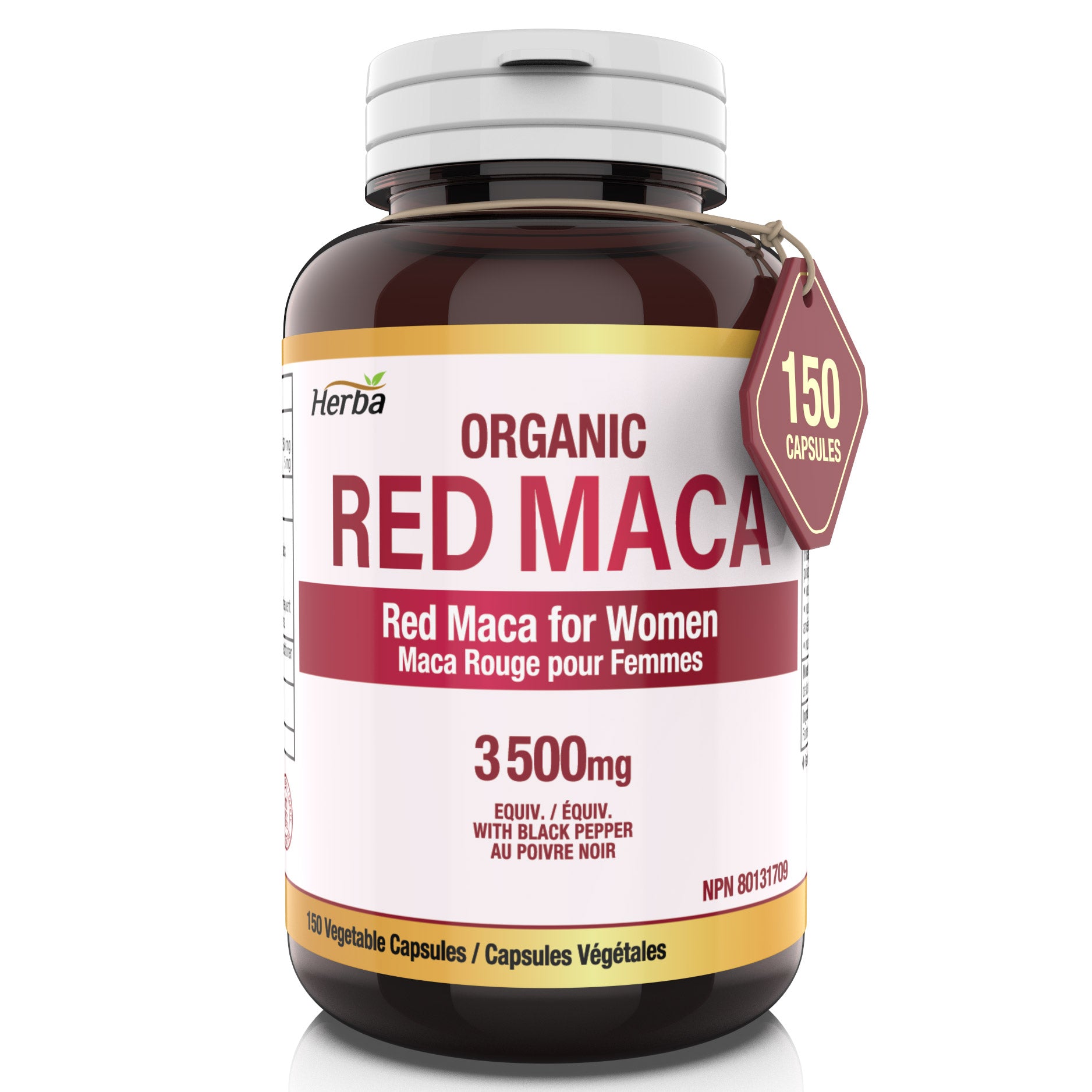 Organic Red Maca Capsules - 3500mg, 150 Capsules | Peruvian Red Maca | Made in Canada