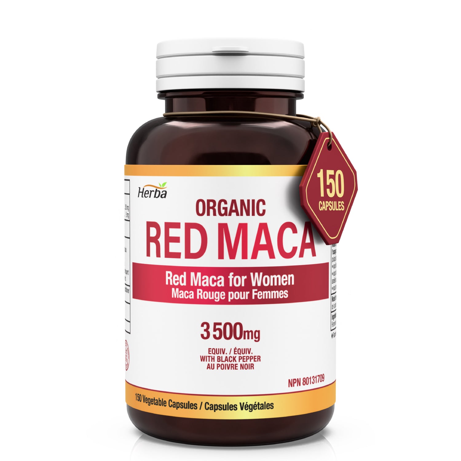 Organic Red Maca Capsules - 3500mg, 180 Capsules | Peruvian Red Maca | Made in Canada