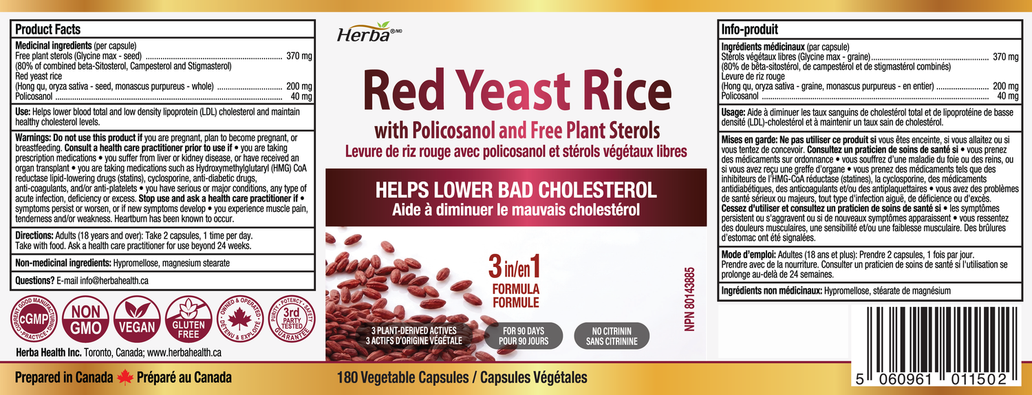Red Yeast Rice Supplement - 180 Capsules | Pharmacist Formulated | Made in Canada