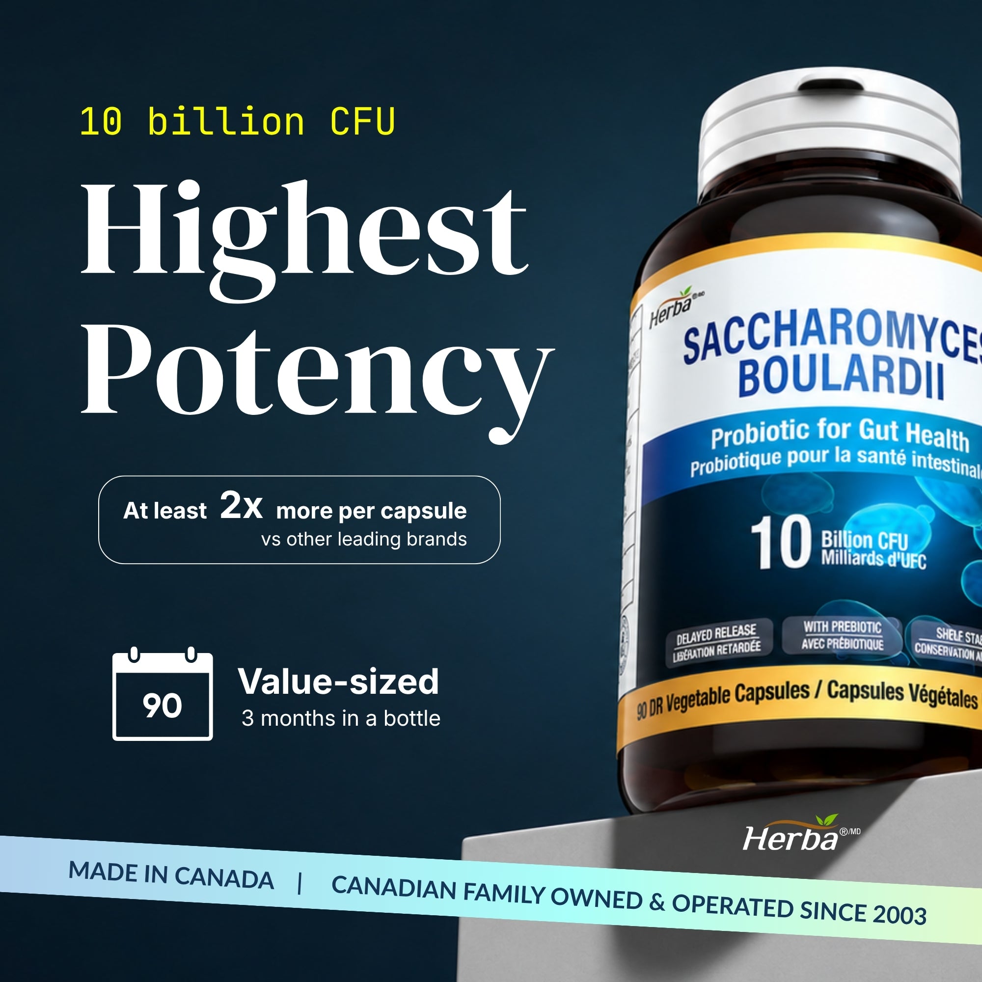 Saccharomyces Boulardii Probiotic 10B CFU – 90 DR Capsules | Made in Canada