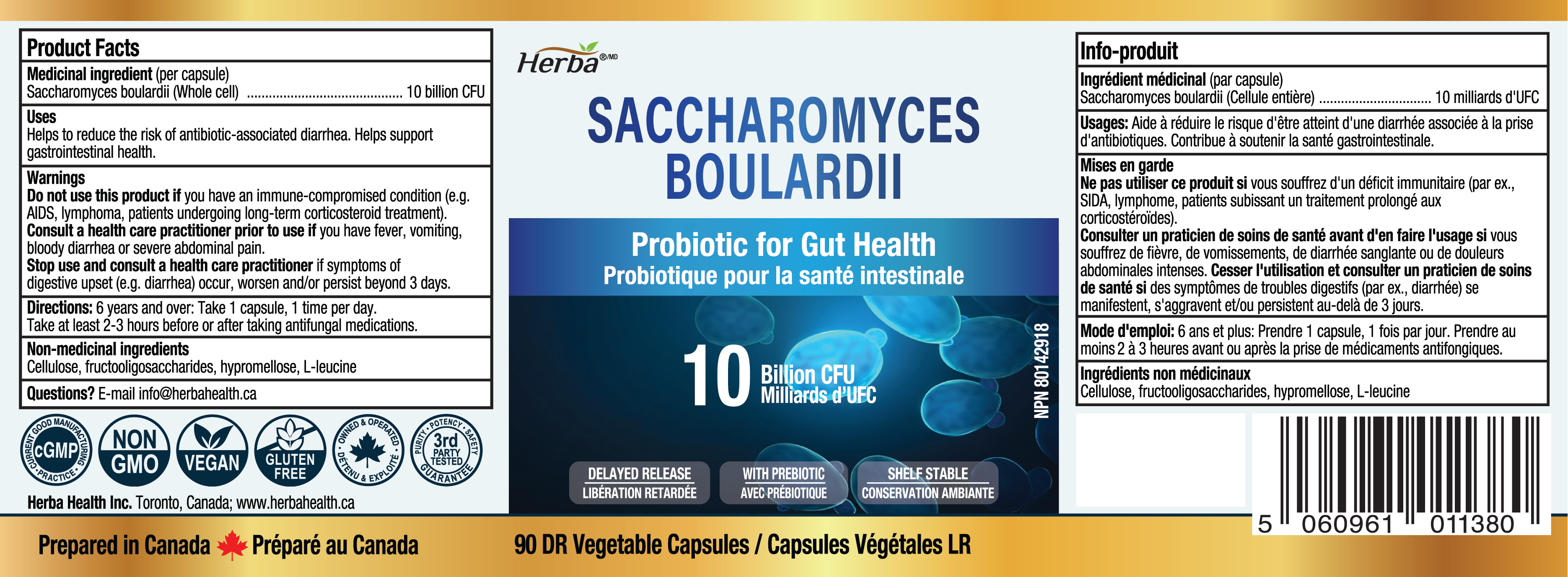 Saccharomyces Boulardii Probiotic 10B CFU – 90 DR Capsules | Made in Canada