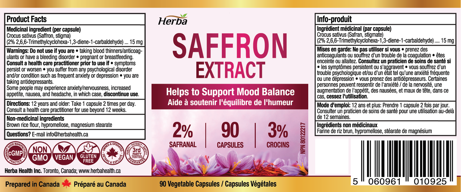 Herba 사프란 보충제 – 90 캡슐 | 2% Safranal로 표준화된 사프란 추출물