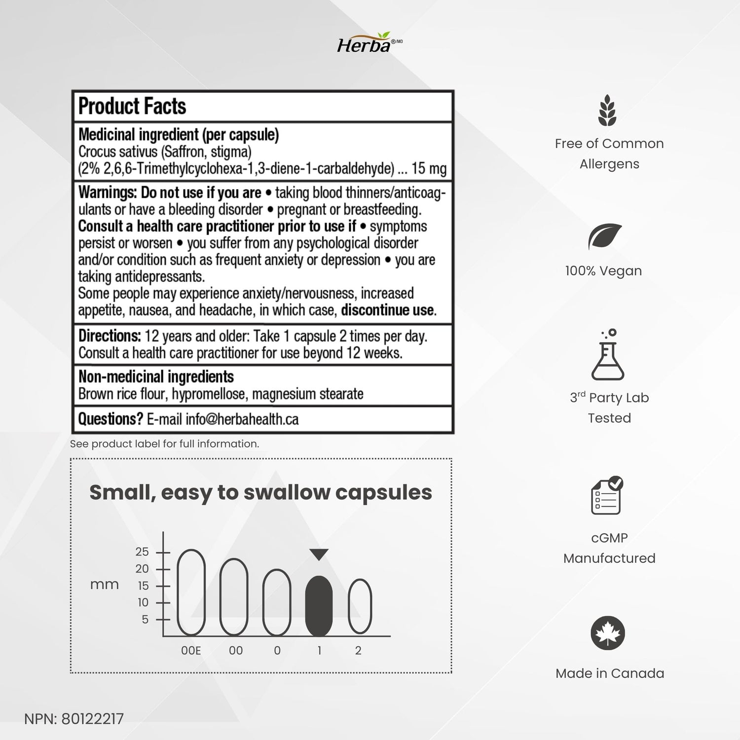Herba 사프란 보충제 – 90 캡슐 | 2% Safranal로 표준화된 사프란 추출물
