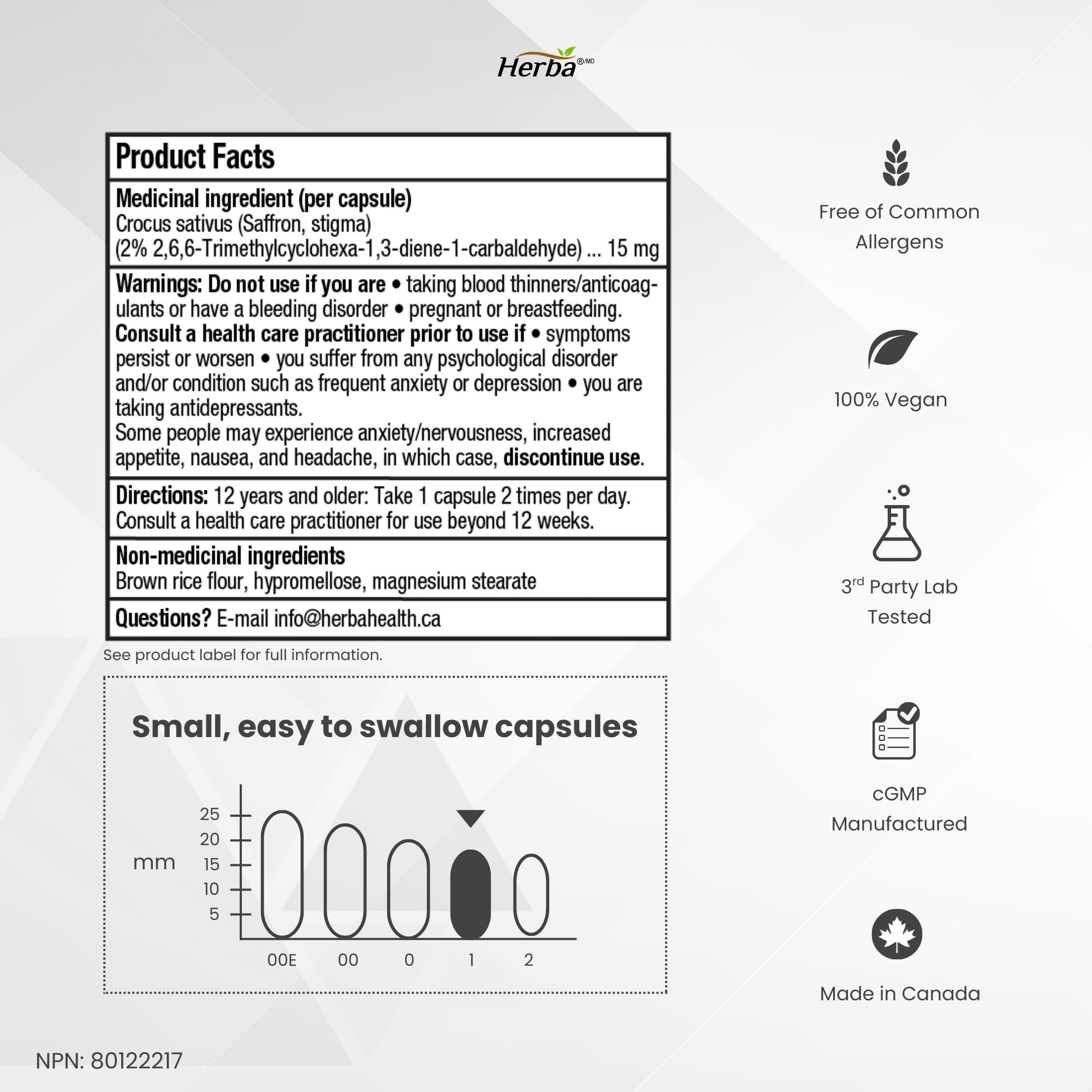 Herba 사프란 보충제 – 90 캡슐 | 2% Safranal로 표준화된 사프란 추출물