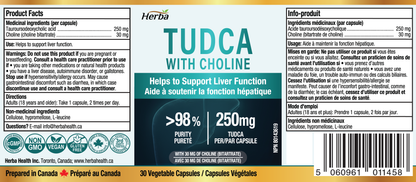 TUDCA Supplement for Liver – 30 Capsules | >98% Purity | Purified Bile Salts Supplements | 250mg TUDCA + Choline | Made in Canada