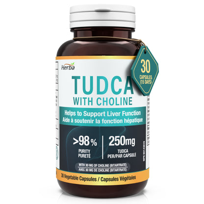 TUDCA Supplement for Liver – 30 Capsules | >98% Purity | Purified Bile Salts Supplements | 250mg TUDCA + Choline | Made in Canada