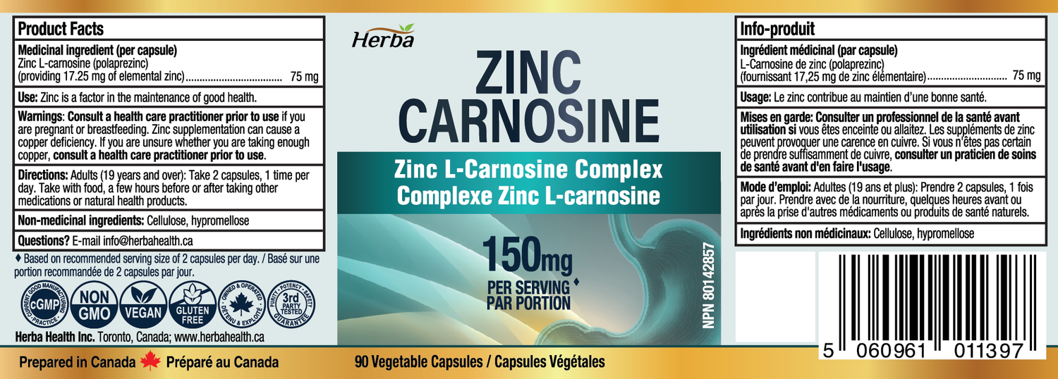 Zinc Carnosine Supplement – 90 Capsules | 150mg Per Serving (75mg Per Capsules) | Made in Canada