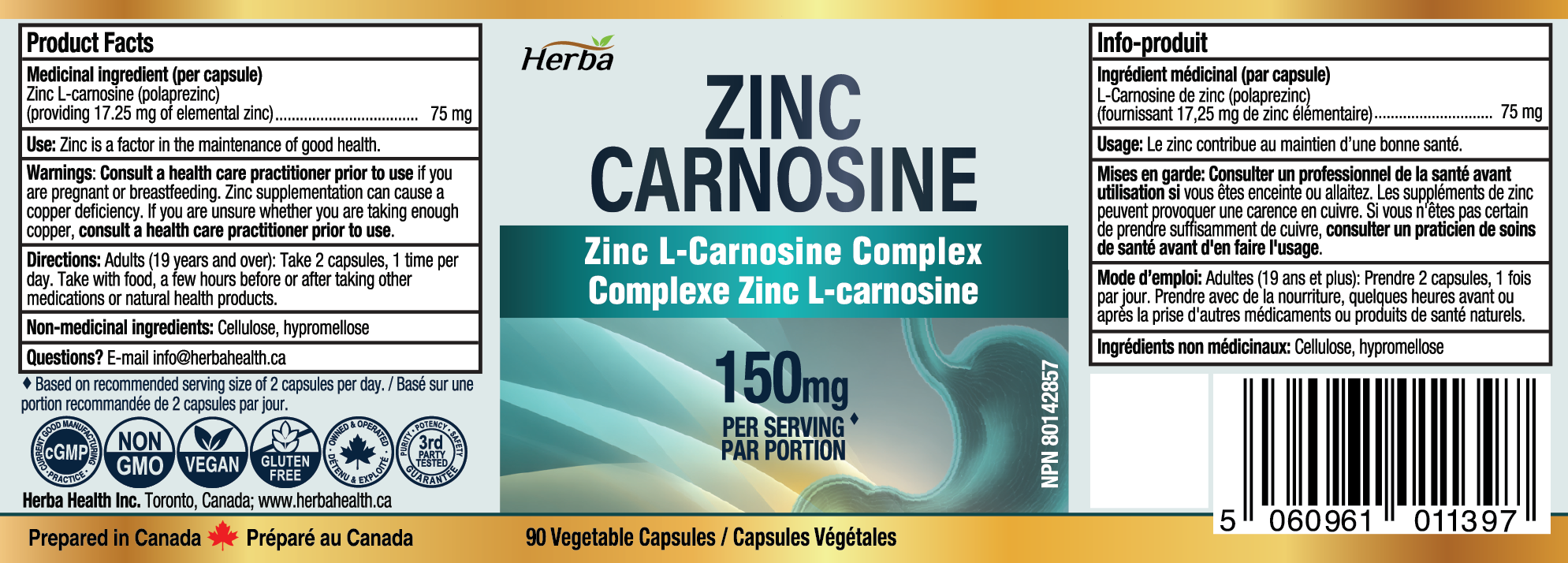 Zinc Carnosine Supplement – 90 Capsules | 150mg Per Serving (75mg Per Capsules) | Made in Canada
