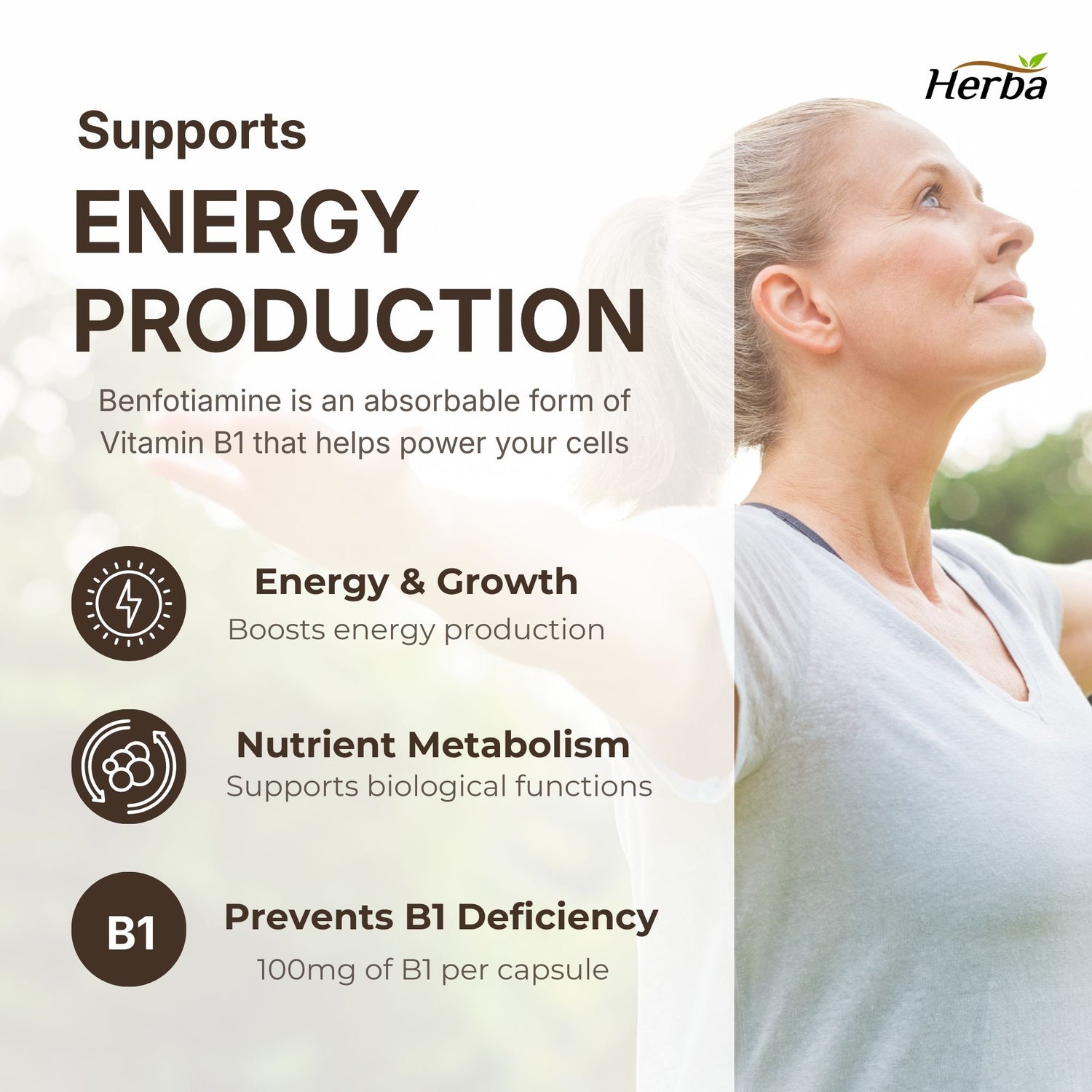 Herba 벤포티아민 100mg - 120 캡슐 | 지용성 비타민 B1 | 캐나다산