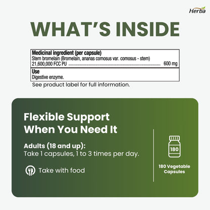 브로멜라인 보충제 600mg – 180캡슐 | 최대 효능 2,400 GDU/g