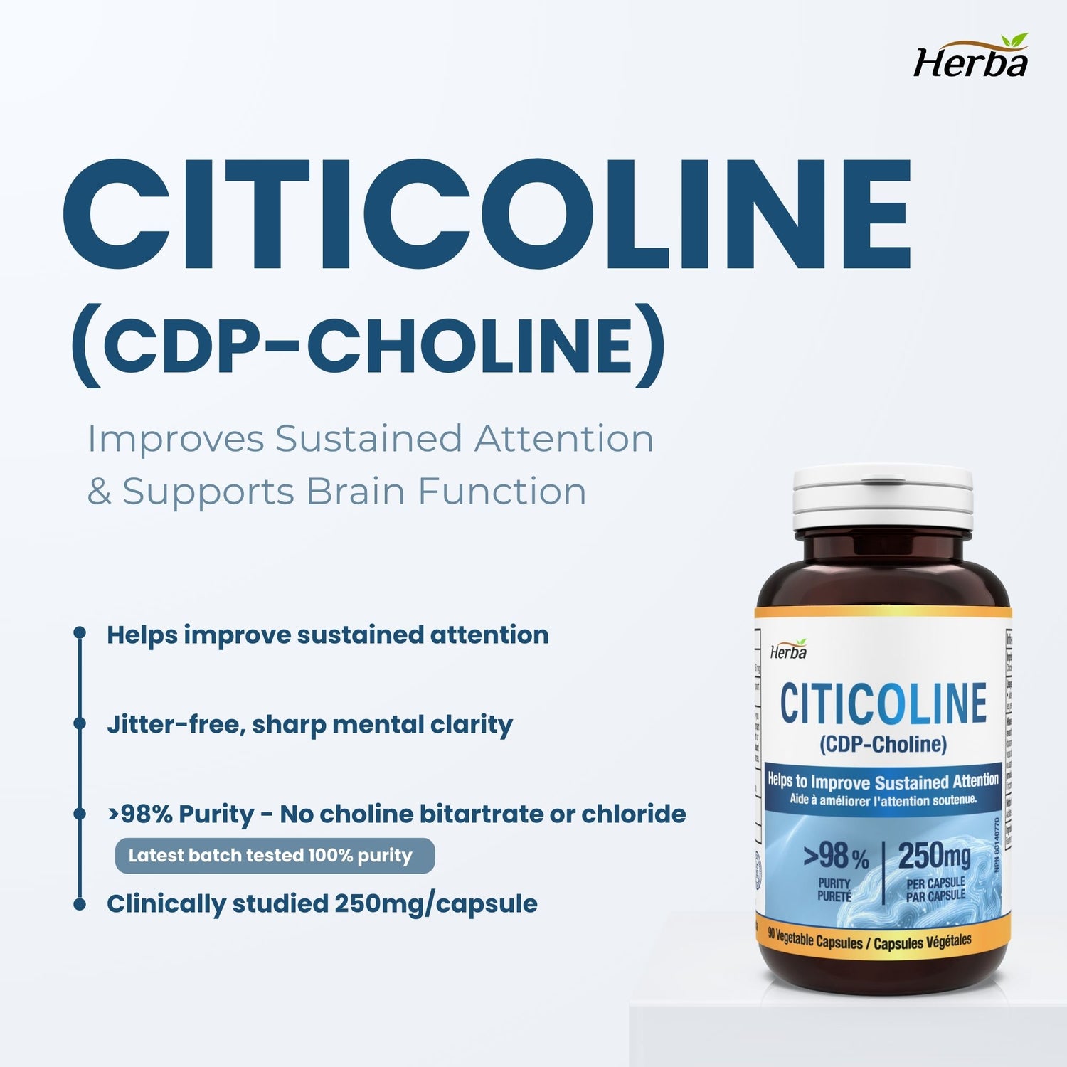 Citicoline Supplement 250mg – 90 Capsules | >98% Ultra Pure CDP Choline | Made in Canada