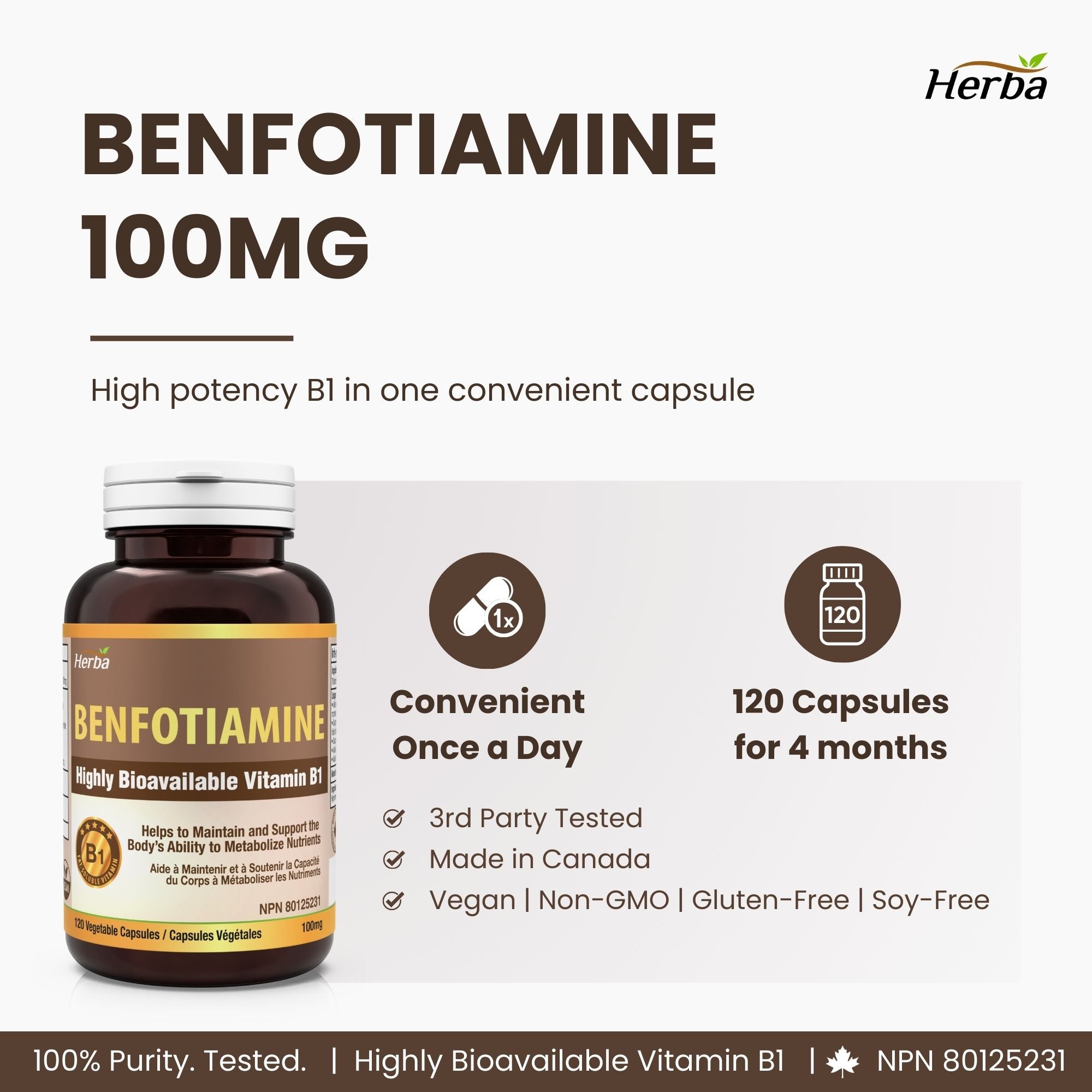Herba 벤포티아민 100mg - 120 캡슐 | 지용성 비타민 B1 | 캐나다산